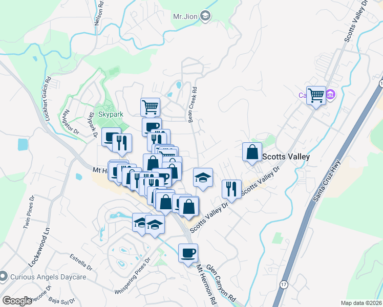 map of restaurants, bars, coffee shops, grocery stores, and more near 211 Bean Creek Road in Scotts Valley