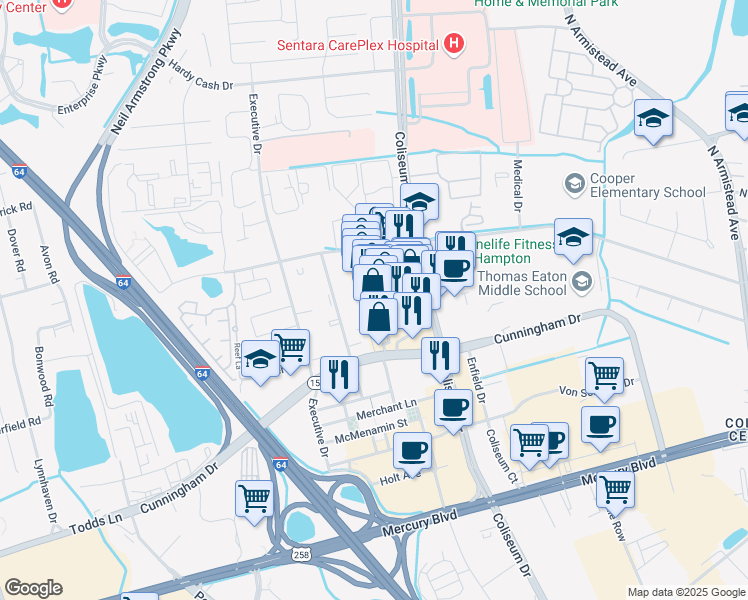 map of restaurants, bars, coffee shops, grocery stores, and more near 39 Coliseum Crossing in Hampton