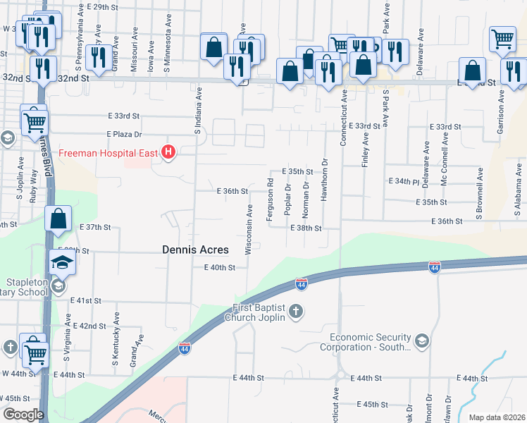 map of restaurants, bars, coffee shops, grocery stores, and more near 3708 Ferguson Road in Joplin