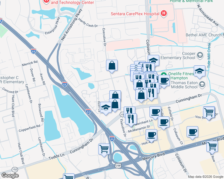 map of restaurants, bars, coffee shops, grocery stores, and more near 500 Benevita Place in Hampton