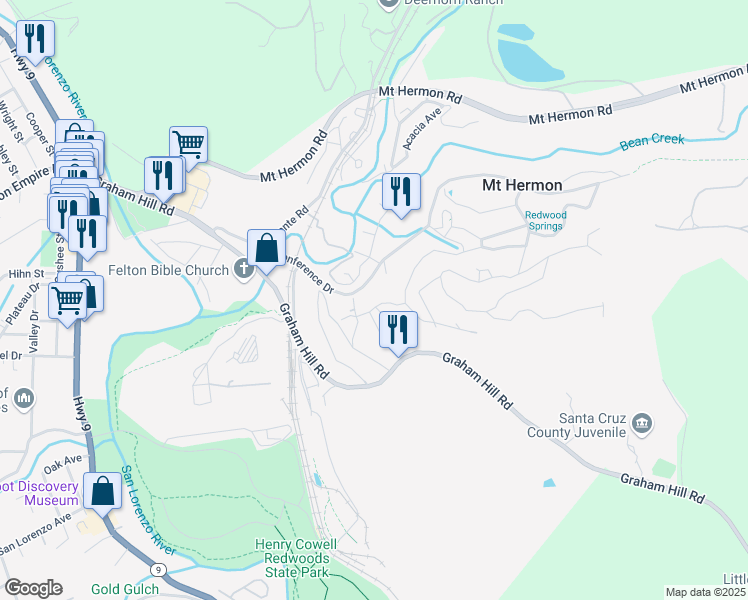 map of restaurants, bars, coffee shops, grocery stores, and more near 72 Forest Road in Felton