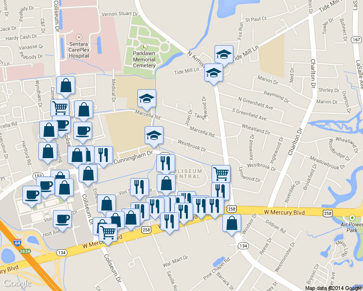 map of restaurants, bars, coffee shops, grocery stores, and more near 129 Westbrook Drive in Hampton