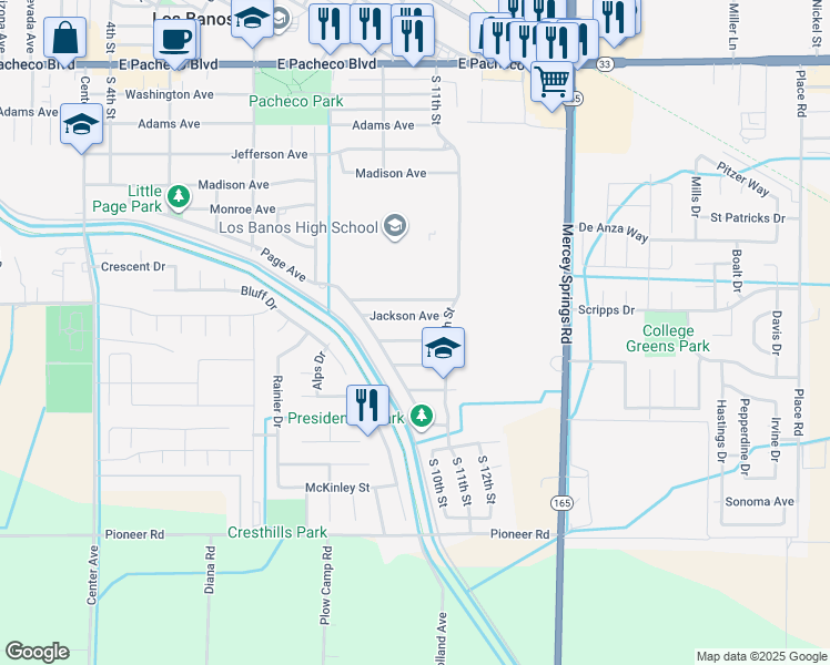 map of restaurants, bars, coffee shops, grocery stores, and more near 1046 Van Buren Avenue in Los Banos