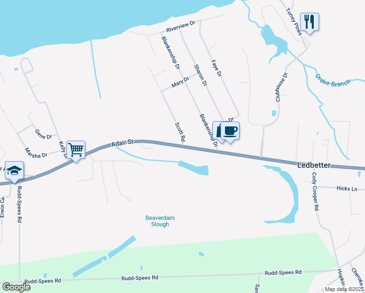 map of restaurants, bars, coffee shops, grocery stores, and more near 19 Scott Road in Ledbetter