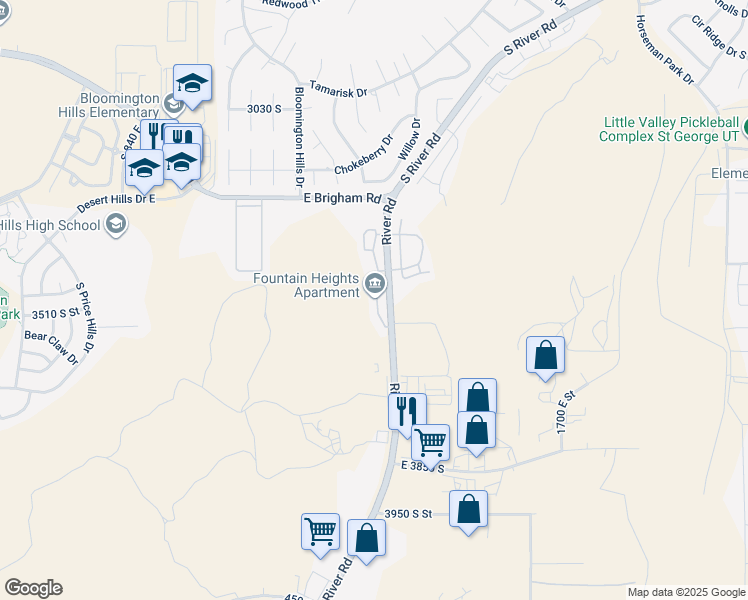 map of restaurants, bars, coffee shops, grocery stores, and more near 3424 River Road in St. George