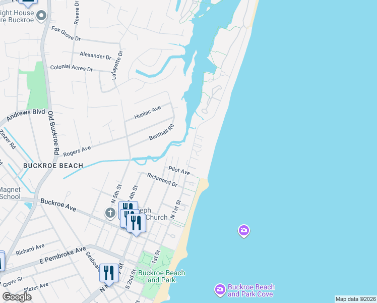map of restaurants, bars, coffee shops, grocery stores, and more near 501 North 1st Street in Hampton