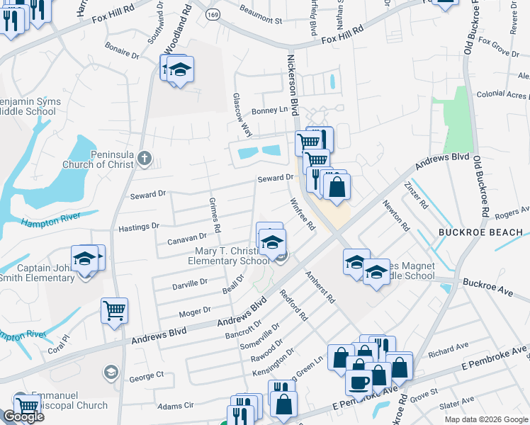 map of restaurants, bars, coffee shops, grocery stores, and more near 2004 Neville Circle in Hampton