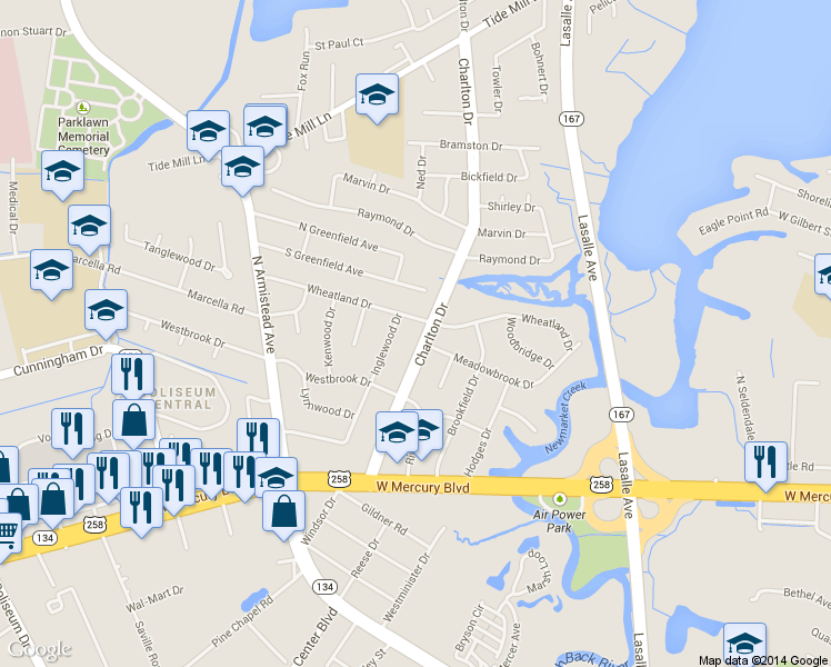 map of restaurants, bars, coffee shops, grocery stores, and more near 46 Inglewood Drive in Hampton