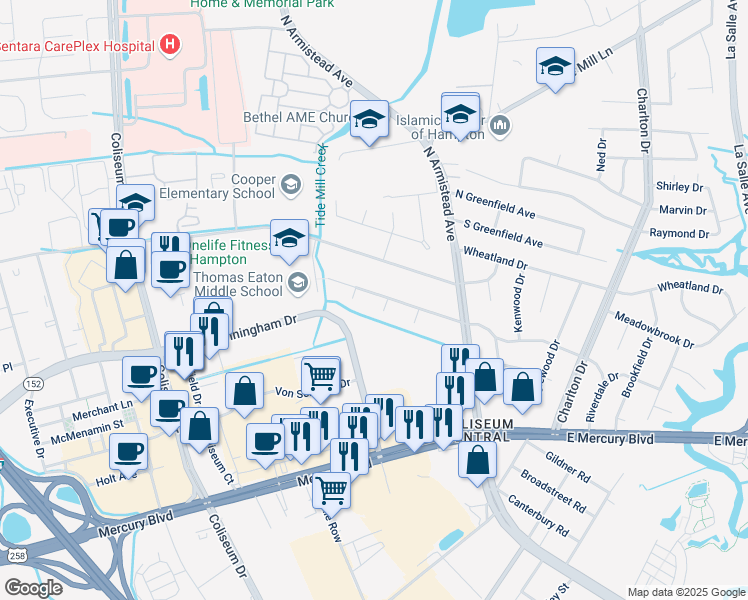 map of restaurants, bars, coffee shops, grocery stores, and more near 129 Westbrook Drive in Hampton