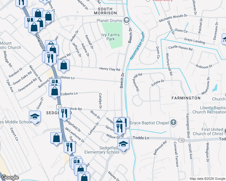 map of restaurants, bars, coffee shops, grocery stores, and more near 520 Brentwood Drive in Newport News