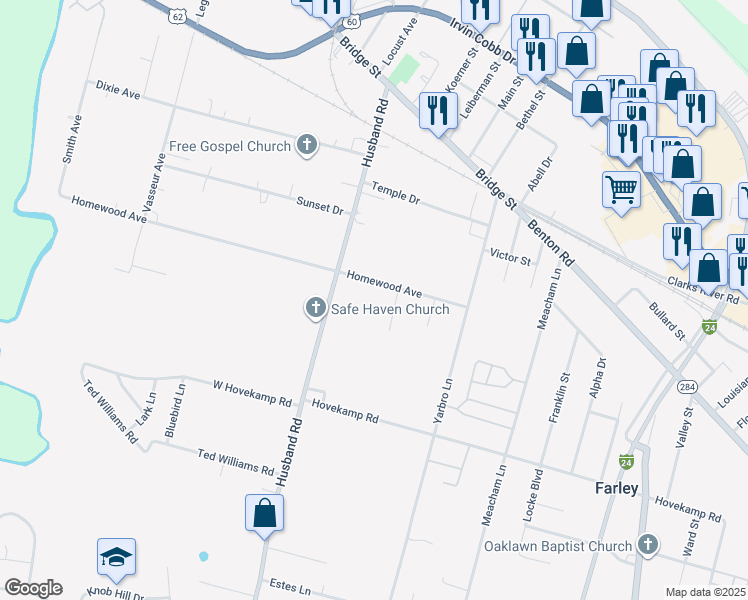 map of restaurants, bars, coffee shops, grocery stores, and more near 2551-2599 Homewood Avenue in Paducah