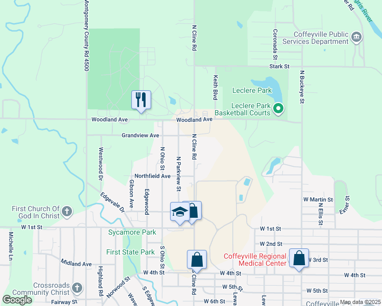 map of restaurants, bars, coffee shops, grocery stores, and more near 606 North Cline Road in Coffeyville