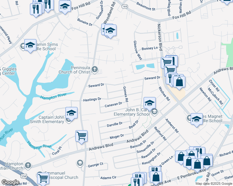 map of restaurants, bars, coffee shops, grocery stores, and more near 1510 Cronin Drive in Hampton