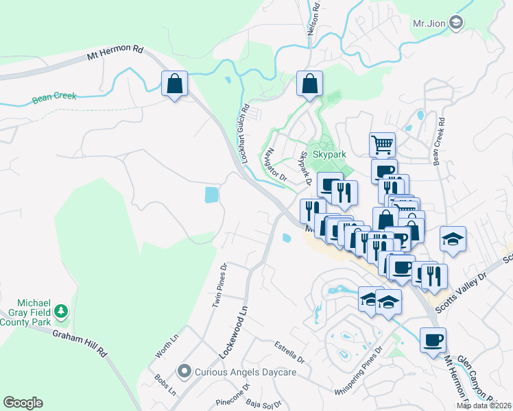 map of restaurants, bars, coffee shops, grocery stores, and more near 100 Lockewood Lane in Scotts Valley