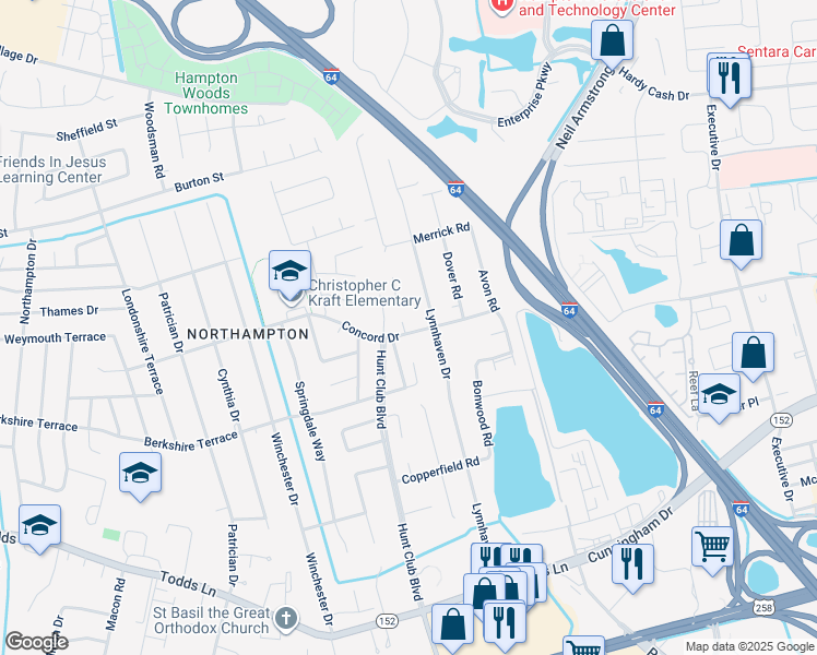 map of restaurants, bars, coffee shops, grocery stores, and more near 206 Vernon Circle in Hampton