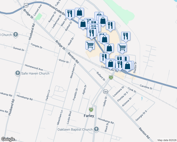 map of restaurants, bars, coffee shops, grocery stores, and more near 3110 Benton Road in Paducah