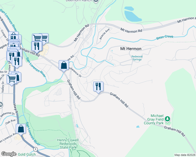 map of restaurants, bars, coffee shops, grocery stores, and more near 64 Forest Road in Felton