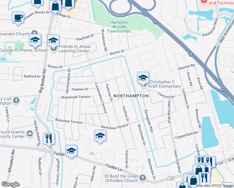 map of restaurants, bars, coffee shops, grocery stores, and more near 305 Cynthia Drive in Hampton