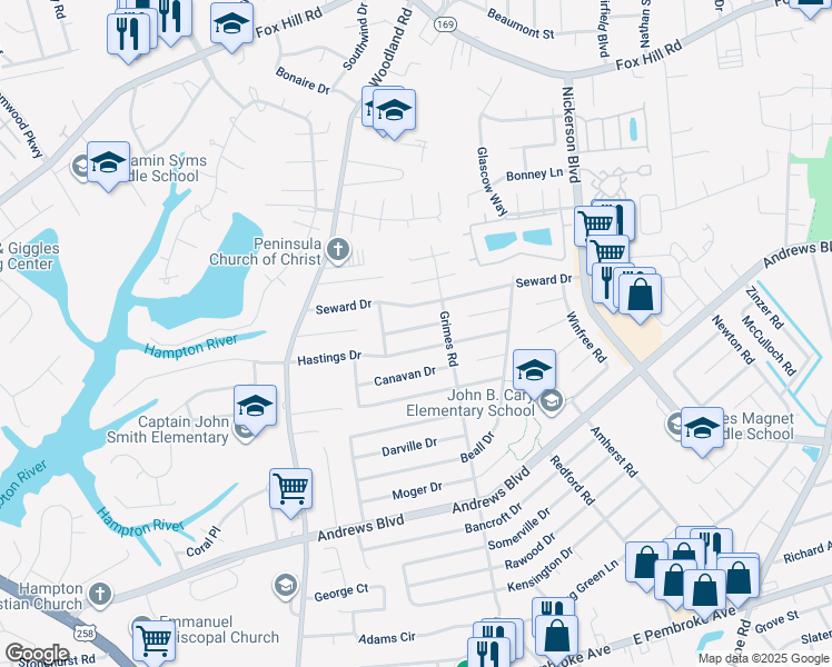 map of restaurants, bars, coffee shops, grocery stores, and more near 1510 Cronin Drive in Hampton