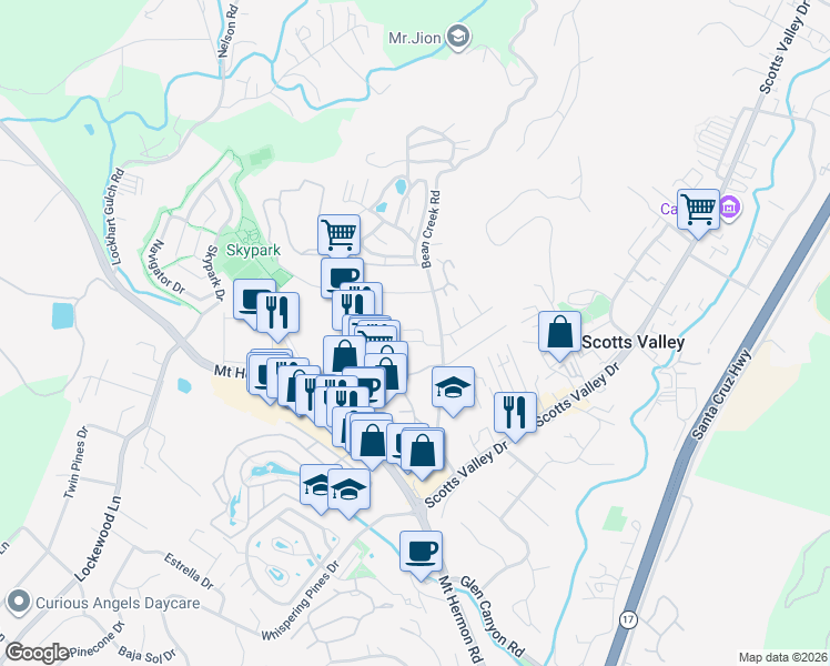 map of restaurants, bars, coffee shops, grocery stores, and more near 211 Bean Creek Road in Scotts Valley