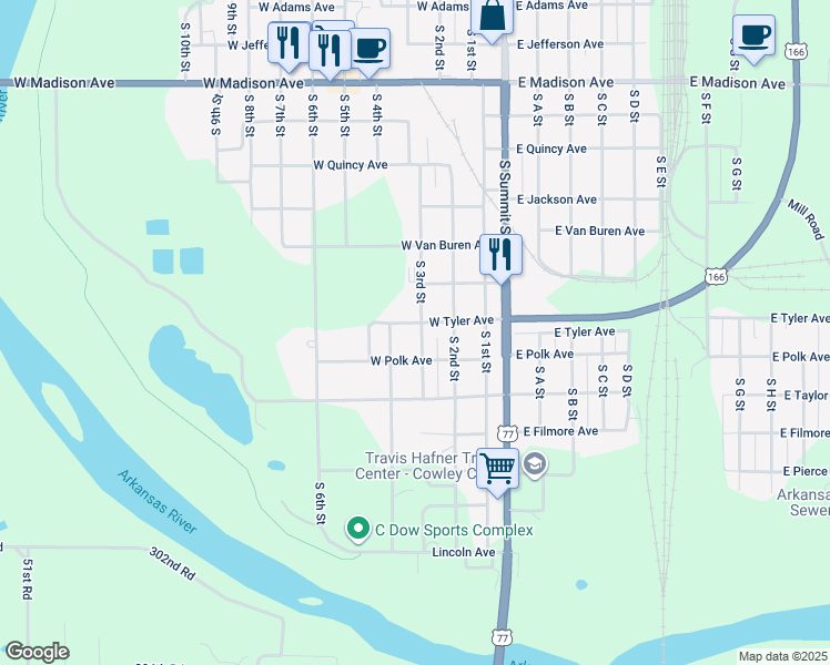 map of restaurants, bars, coffee shops, grocery stores, and more near 1205 South 3rd Street in Arkansas City