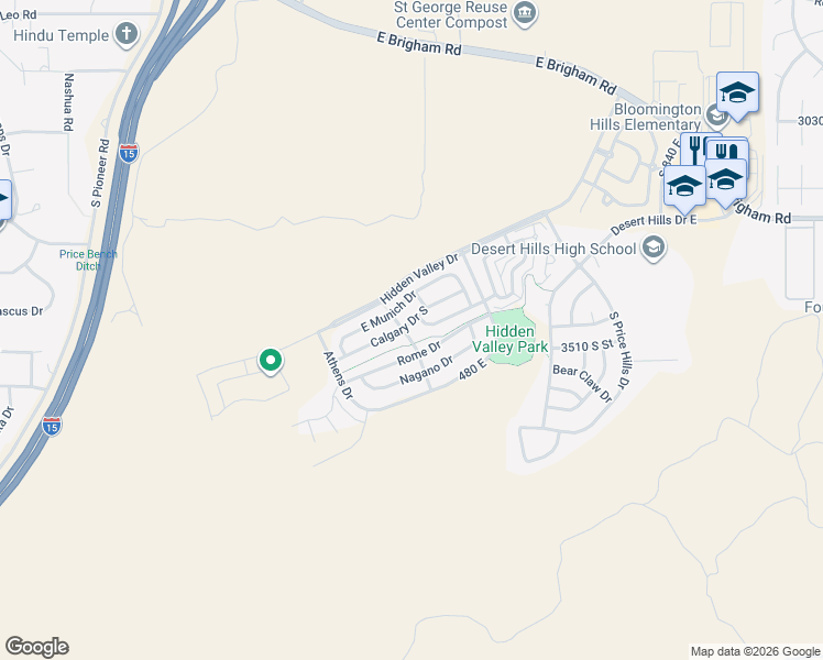 map of restaurants, bars, coffee shops, grocery stores, and more near 314 Calgary Drive South in St. George