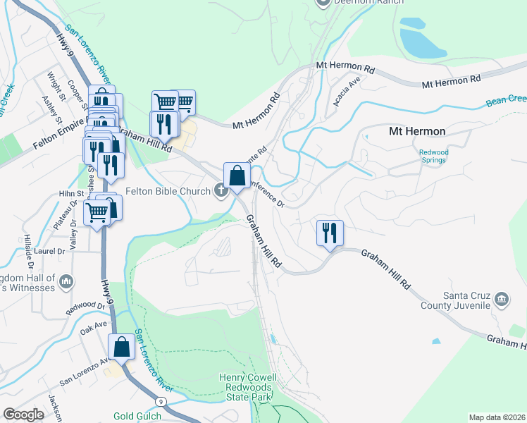 map of restaurants, bars, coffee shops, grocery stores, and more near 1 Roaring Camp Road in Felton