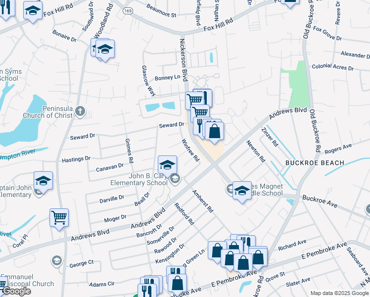 map of restaurants, bars, coffee shops, grocery stores, and more near 2013 Brown Circle in Hampton