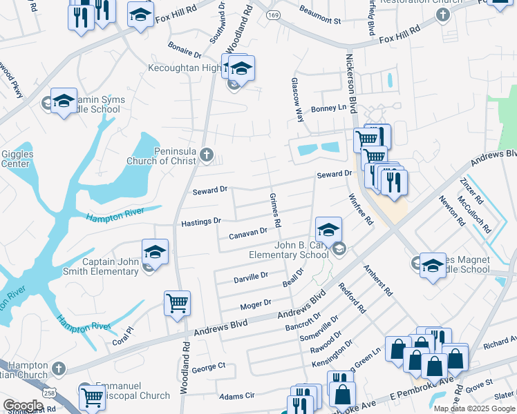 map of restaurants, bars, coffee shops, grocery stores, and more near 1512 Cronin Drive in Hampton