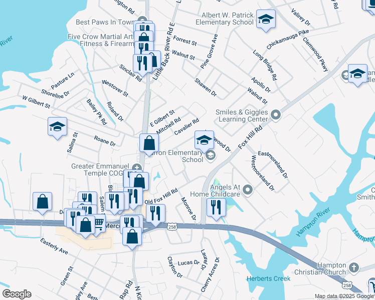 map of restaurants, bars, coffee shops, grocery stores, and more near 1 Delmar Street in Hampton