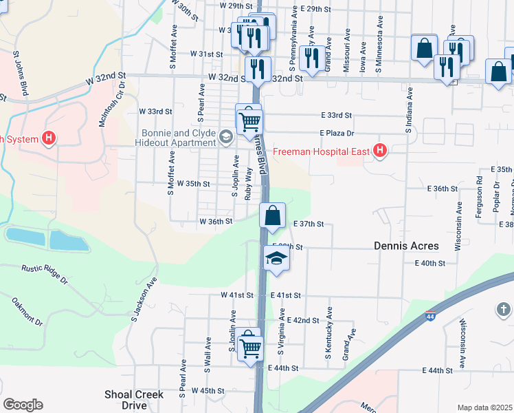 map of restaurants, bars, coffee shops, grocery stores, and more near 3526 West 36th Street in Joplin