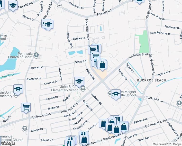 map of restaurants, bars, coffee shops, grocery stores, and more near 2030 Winfree Road in Hampton