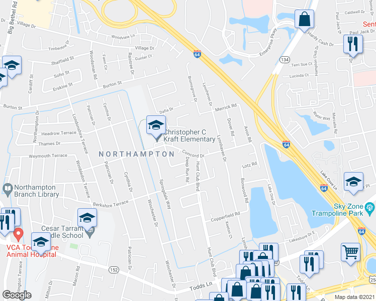 map of restaurants, bars, coffee shops, grocery stores, and more near 506 Concord Drive in Hampton