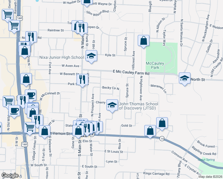 map of restaurants, bars, coffee shops, grocery stores, and more near 336 Becky Circle North in Nixa