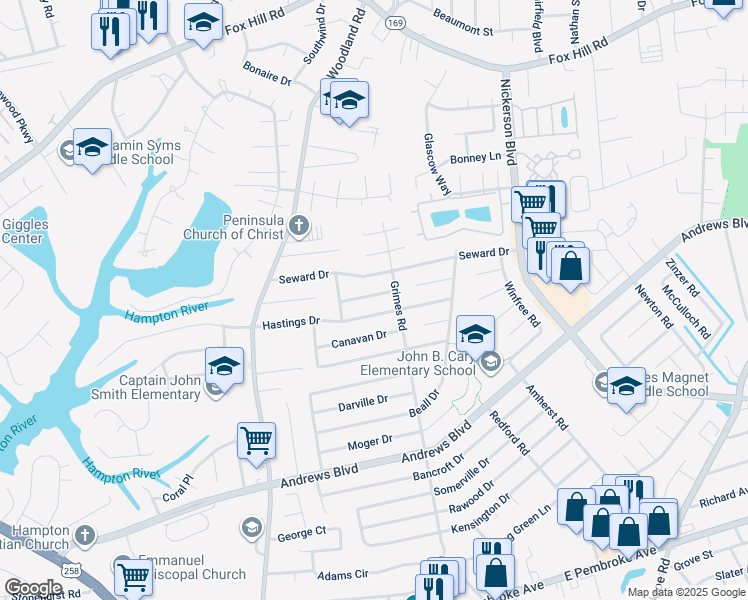 map of restaurants, bars, coffee shops, grocery stores, and more near 1512 Cronin Drive in Hampton