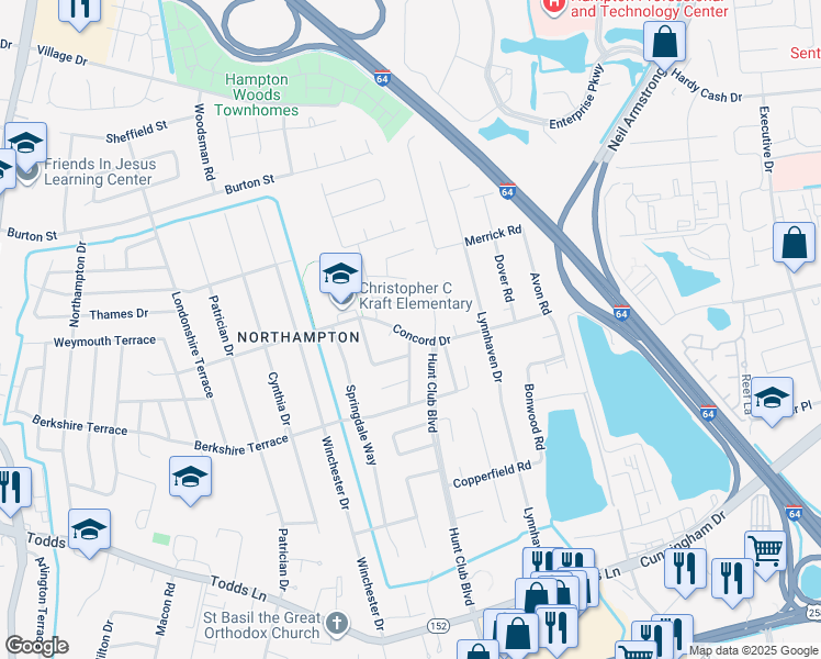 map of restaurants, bars, coffee shops, grocery stores, and more near 506 Concord Drive in Hampton