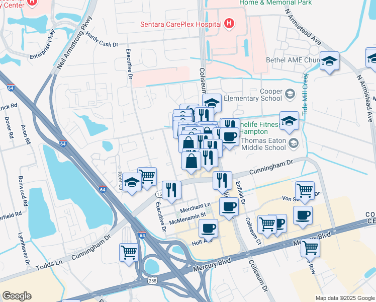 map of restaurants, bars, coffee shops, grocery stores, and more near 39 Coliseum Crossing in Hampton