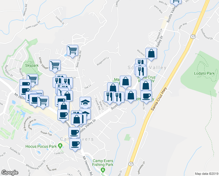 map of restaurants, bars, coffee shops, grocery stores, and more near 60 Terrace View Drive in Scotts Valley