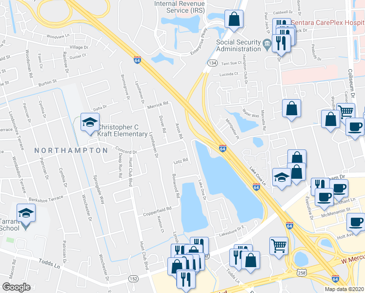 map of restaurants, bars, coffee shops, grocery stores, and more near 2 Ada Court in Hampton