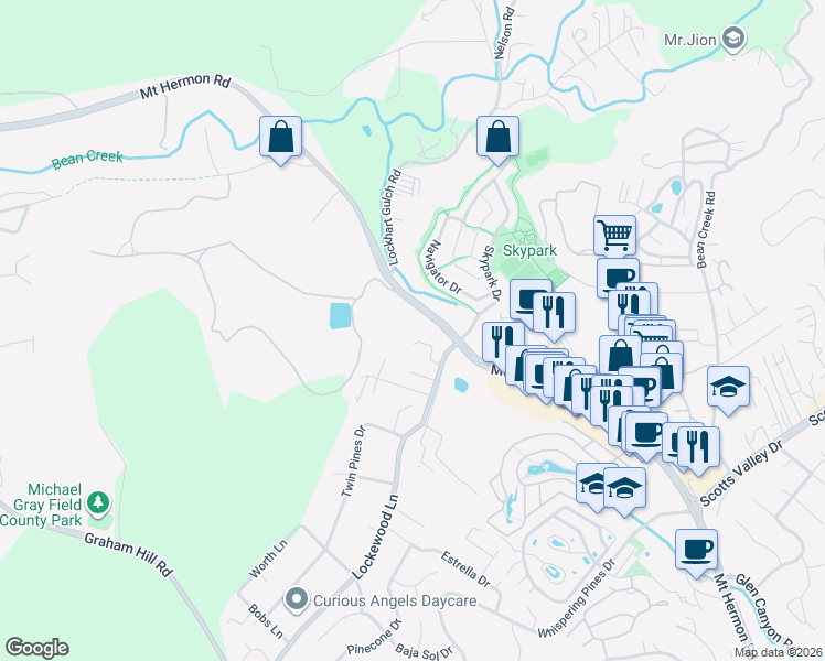 map of restaurants, bars, coffee shops, grocery stores, and more near 100 Lockewood Lane in Scotts Valley