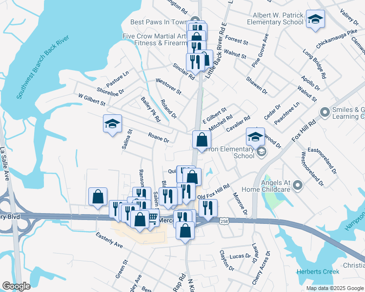 map of restaurants, bars, coffee shops, grocery stores, and more near 100 Lantana Lane in Hampton