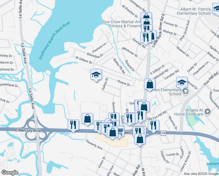 map of restaurants, bars, coffee shops, grocery stores, and more near 211 Courtney Drive in Hampton