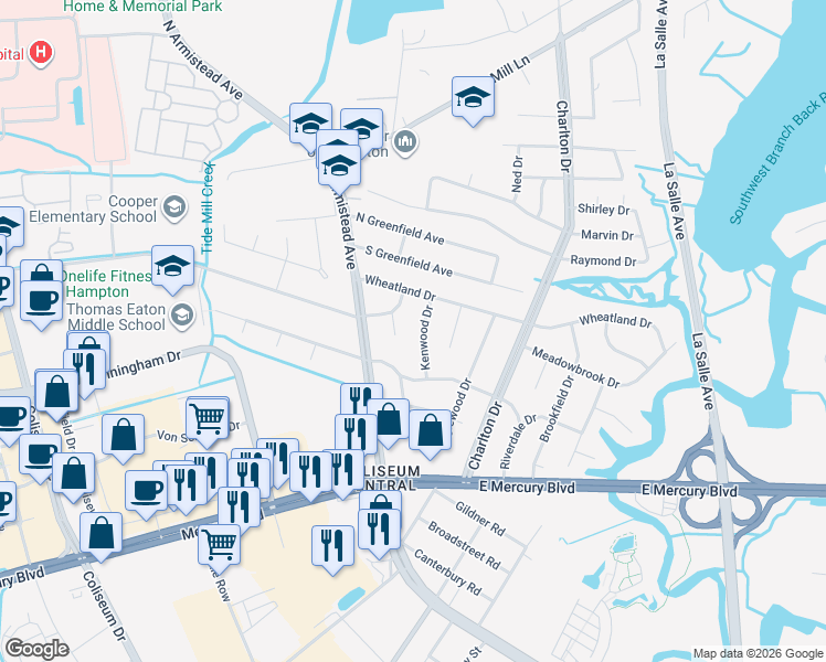 map of restaurants, bars, coffee shops, grocery stores, and more near 27 Kenwood Drive in Hampton