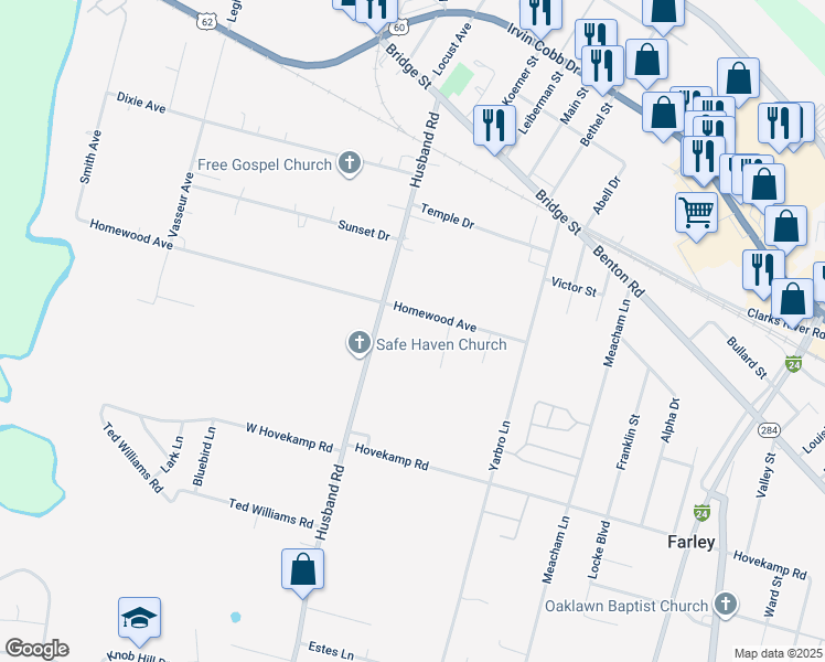 map of restaurants, bars, coffee shops, grocery stores, and more near 2551-2599 Homewood Avenue in Paducah