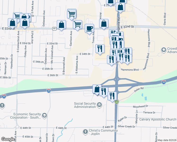 map of restaurants, bars, coffee shops, grocery stores, and more near 3519 Mississippi Avenue in Joplin