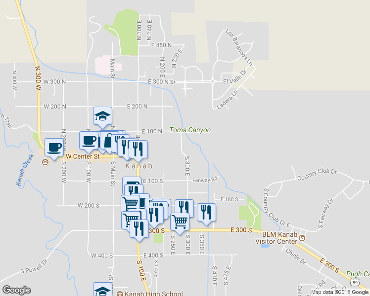 map of restaurants, bars, coffee shops, grocery stores, and more near 20 North 300 East in Kanab