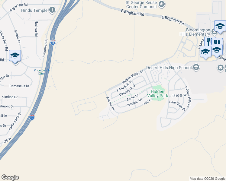 map of restaurants, bars, coffee shops, grocery stores, and more near 251 East Munich Drive in St. George