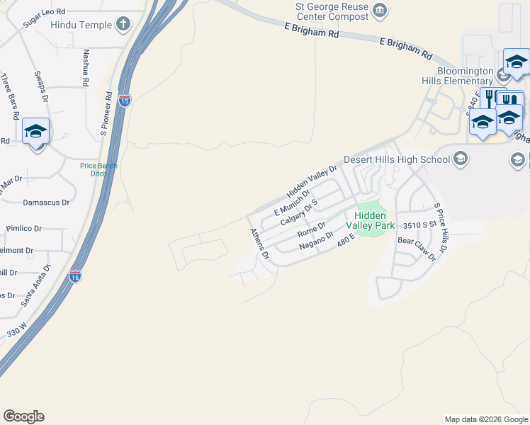 map of restaurants, bars, coffee shops, grocery stores, and more near 251 East Munich Drive in St. George