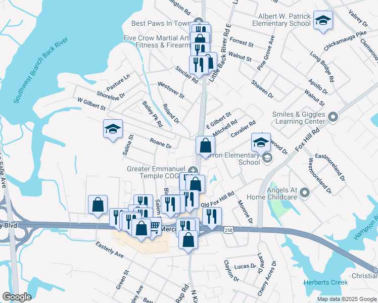 map of restaurants, bars, coffee shops, grocery stores, and more near 100 Lantana Lane in Hampton