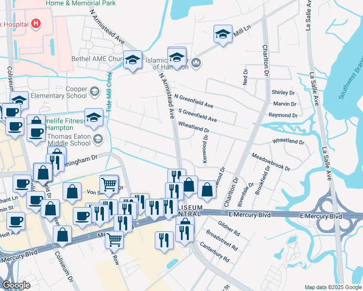 map of restaurants, bars, coffee shops, grocery stores, and more near 2106 North Armistead Avenue in Hampton